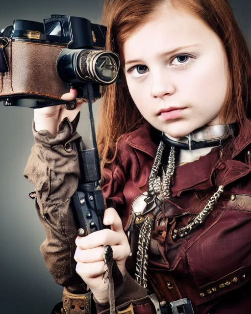 Prompt: Young girl in steampunk clothes, she wears boots and a gun, sharp focus, photography, very detailed, dark hair, by nikon, by Iphone, 4k