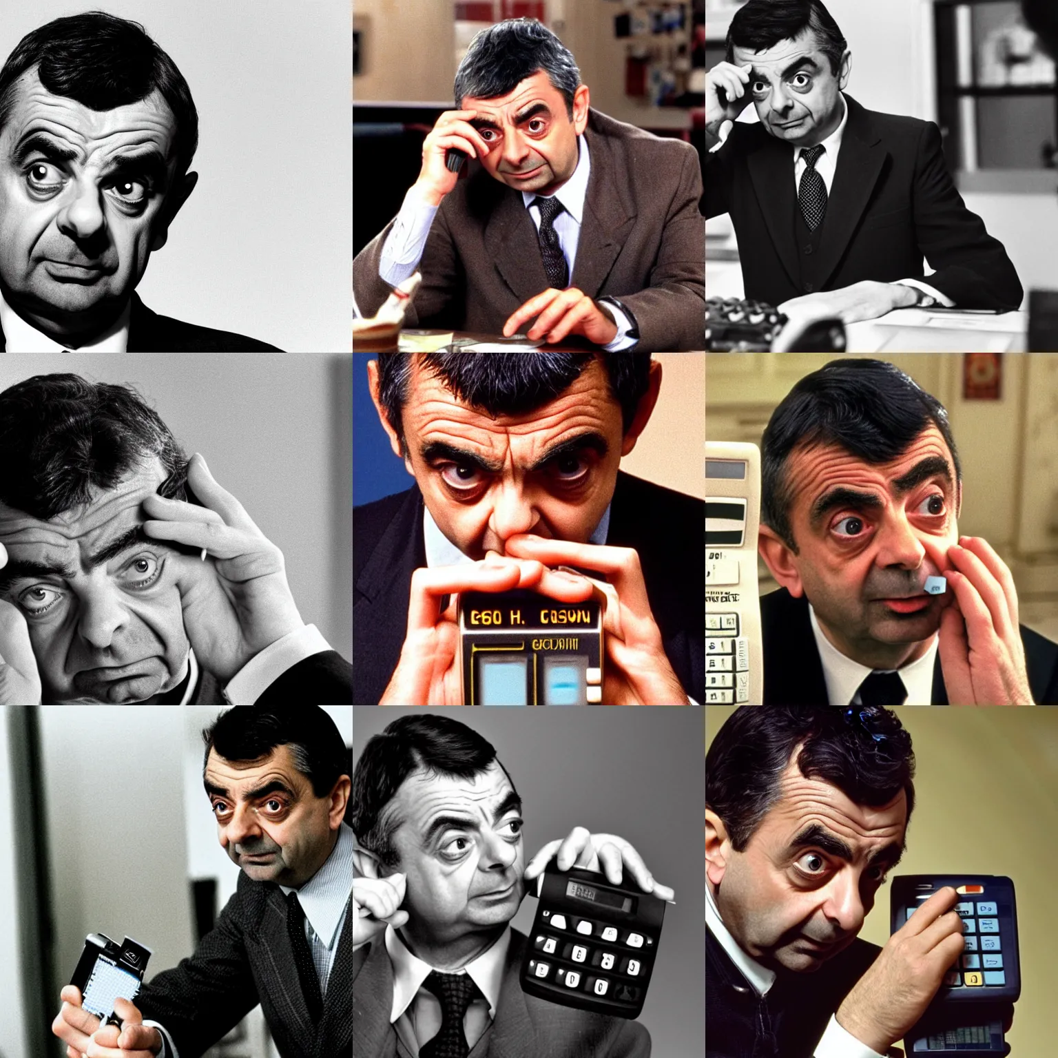 Prompt: dramatic photo of rowan atkinson as mr bean struggling to use a casio scientific calculator, close up