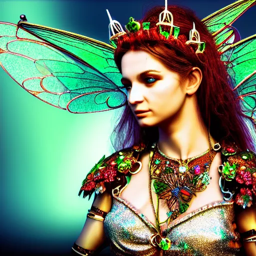 Image similar to photo of a beautiful fairy queen with ornate bejewelled armour, highly detailed, 4k, HDR,