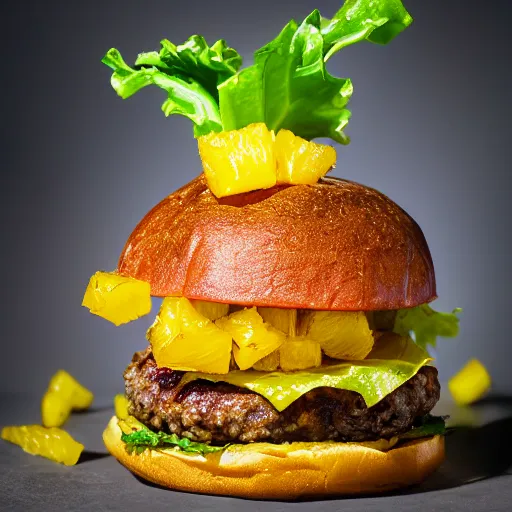 Image similar to juicy hamburger with crispy buns with pineapple topping, 8 k resolution, food photography, studio lighting, sharp focus, hyper - detailed