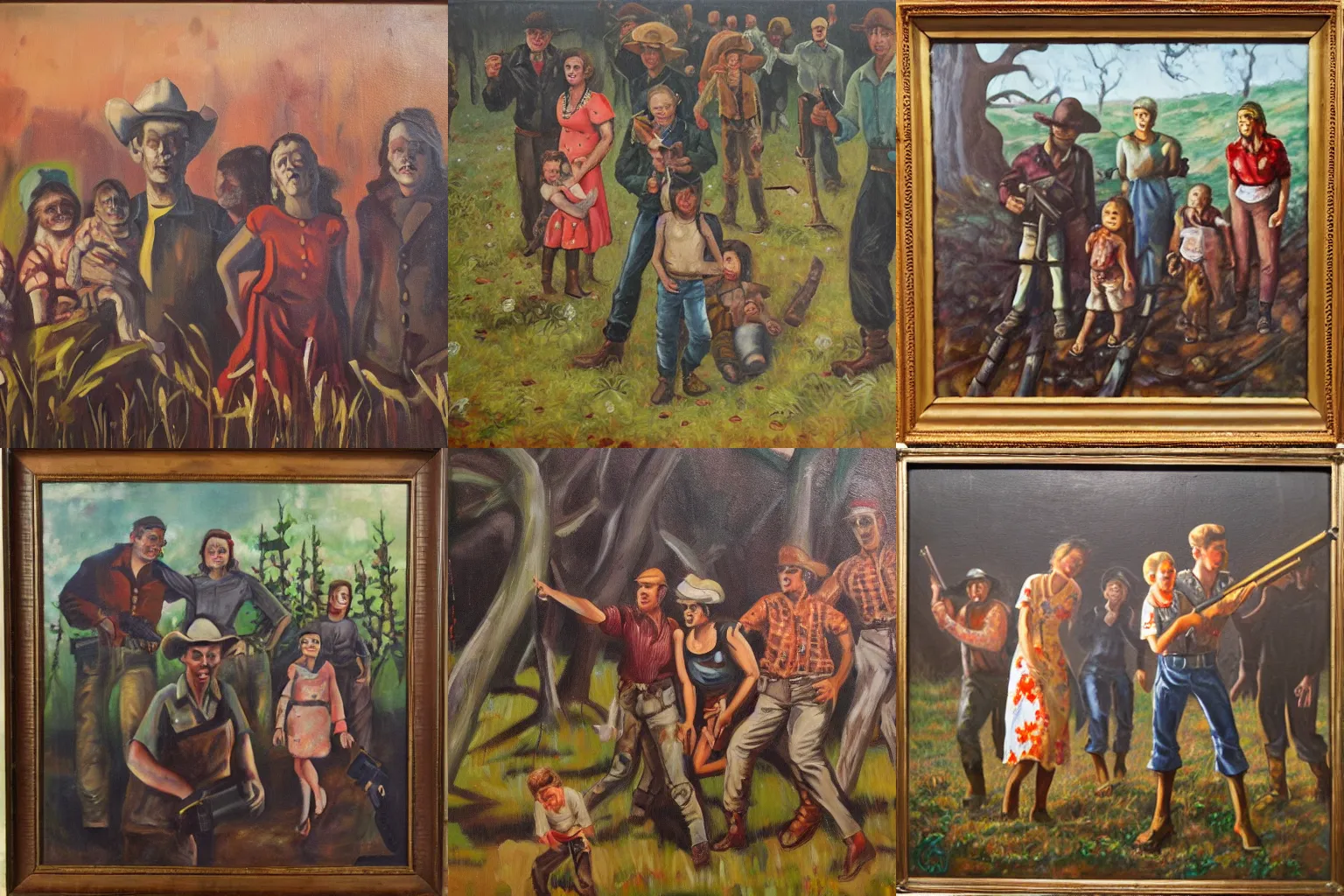 Prompt: a family of country folk from Minas Gerais from 40s shooting at zombies, oil on canvas