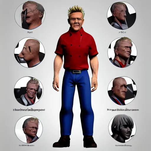 Prompt: 3 d model character sheet, multiple angles, gordon ramsay character design, fighting game, stylized 3 d graphics, ray tracing, ultra, 4 k image h - 7 4 0