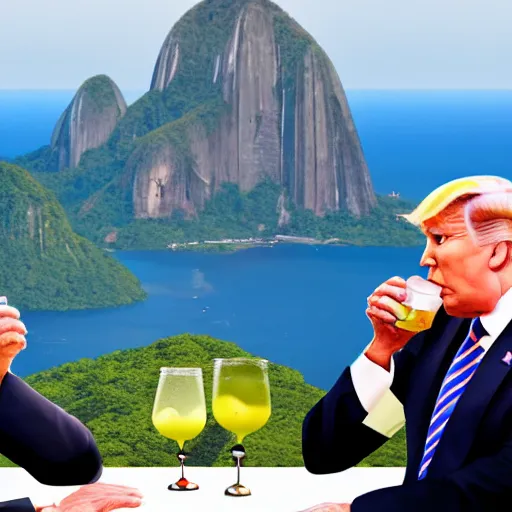 Prompt: realistic 4k image of Biden and Trump together drinking a caipirinha drink with Rio de Janeiro Corcovado on the background