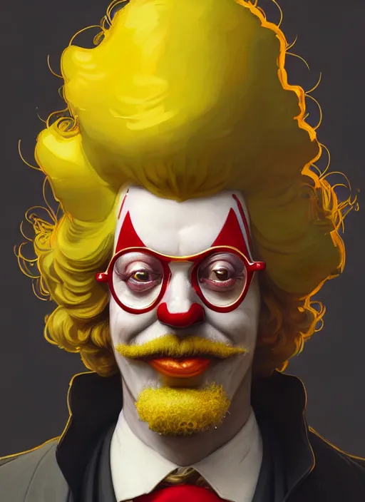 Image similar to close up portrait of ronald mcdonald, court jester, yellow jumper with white collar by artgerm, cushart krenz, greg rutkowski, mucha. art nouveau. gloomhaven, golden arches logo, pale colors, sharp edges. ultra clear detailed. 8 k. elegant, intricate, octane render