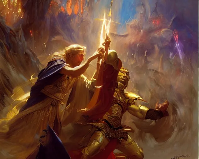 Image similar to attractive master wizard casting powerful spell in battle against another master wizard. highly detailed painting by gaston bussiere, craig mullins, j. c. leyendecker 8 k