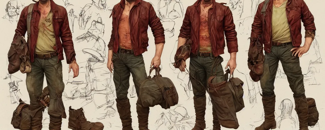 Image similar to character design, reference sheet, 40's adventurer, unshaven, optimistic, stained dirty clothing, straw hat, riding boots, red t-shirt, dusty rown bomber leather jacket, messenger bag, detailed, concept art, photorealistic, hyperdetailed, 3d rendering , art by Leyendecker and frazetta,