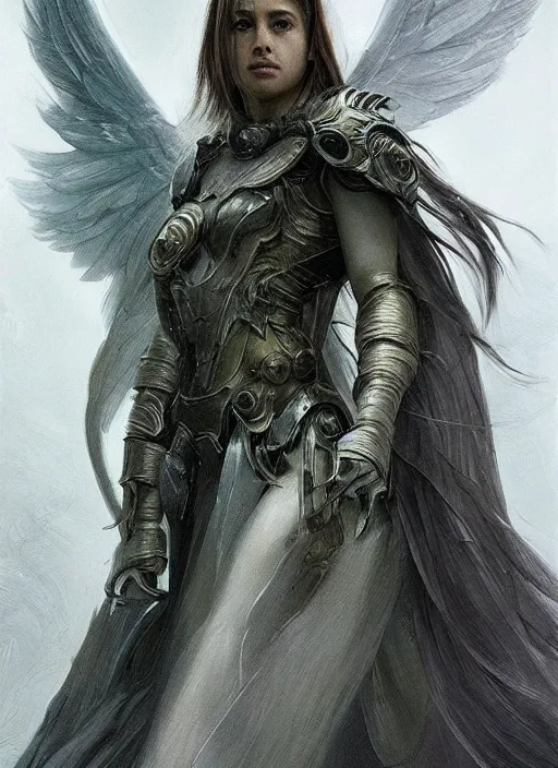 Image similar to a professional portrait of a beautiful young Serafim angel, clothed in ethereal battle armor, olive skin, long dark hair, beautiful bone structure, symmetrical facial features, intricate, elegant, digital painting, concept art, smooth, sharp focus, finely detailed, illustration, from Valerian and the City of a Thousand Planets, in the style of Ruan Jia and Mandy Jurgens and Artgerm and Greg Rutkowski and William-Adolphe Bouguerea