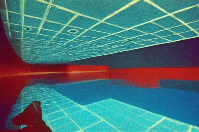 Image similar to 1 9 7 0 s found footage of an underwater space made up of a non - euclidean, geometric and tiled swimming pool hallways color bleed, ektachrome photograph, volumetric lighting, f 8 aperture, cinematic eastman 5 3 8 4 film stanley kubrick