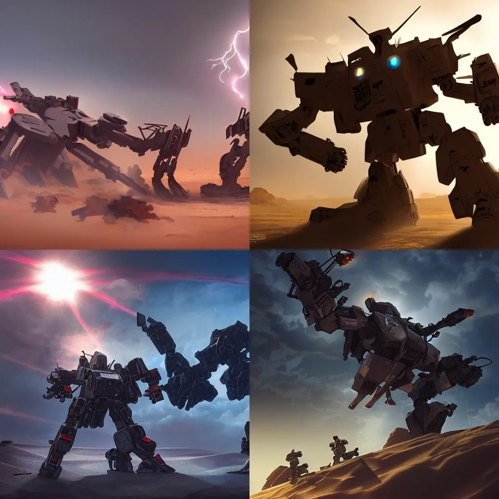 Prompt: Two mechas fighting in desert storm, dramatic lighting, anamorphic lens, artstation, concept art,