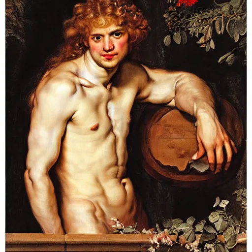 Image similar to beautiful portrait painting of the Greek god Apollo bei ng worshipped by his subjects with long curly blond hair, delicate young man wearing an open poet shirt smiling sleepily at the viewer, symmetrically parted curtain bangs, in love by Peter Paul Rubens and Norman Rockwell