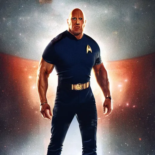 Image similar to a full body portrait of dwayne johnson as a star fleet officer from star trek next generation, ultra rendered extreme realism and detail, 8 k, highly detailed, realistic, completely framed, hyper realistic, colorful, direct lighting, 3 5 mm photo, photorealistic, sharp focus