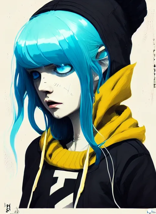 Prompt: highly detailed portrait of a city punk lady student, blue eyes, hoodie, white hair by atey ghailan, by greg rutkowski, by greg tocchini, by james gilleard, by joe fenton, by kaethe butcher, gradient yellow, black, brown and cyan blue color scheme, grunge aesthetic!!! ( ( graffiti tag wall background ) )