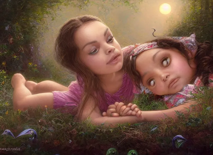 Prompt: Mila Kunis staring into the camera singing a lullaby, fireflies, full moon, Lilia Alvarado, Sophie Anderson, Mark Arian, Bob Byerley, Charlie Bowater, Mark Brooks, Steve Henderson, Justin Gerard, Arthur Hughes, Edward Robert Hughes, Mark Keathley, Victor Nizovtsev, Carlos Shwabe, Ross Tran, WLOP