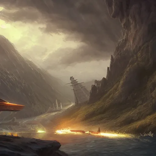 Image similar to pacing ship through valley to battle star, artstation, matte painting, masterpiece