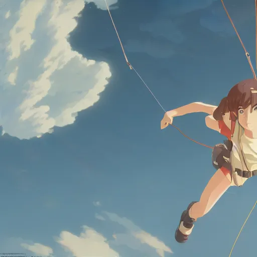 Image similar to a girl parachuting from the sky, perspective piece, anime scene by Makoto Shinkai, concept art, 4k