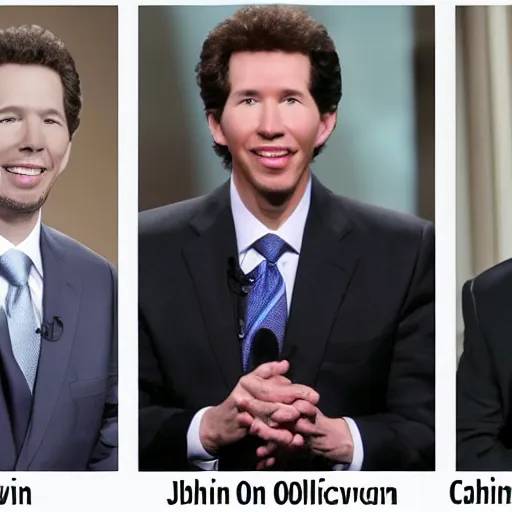 Prompt: theologian john calvin and joel osteen in a televised debate,