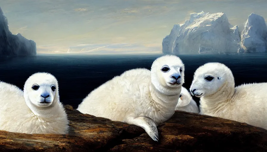 Image similar to highly detailed painting of cute furry white baby seal alpacas with big furry antlers cuddling into each other on a blue and white iceberg by william turner, by greg rutkowski, by william constable, thick brush strokes and visible paint layers, 4 k resolution