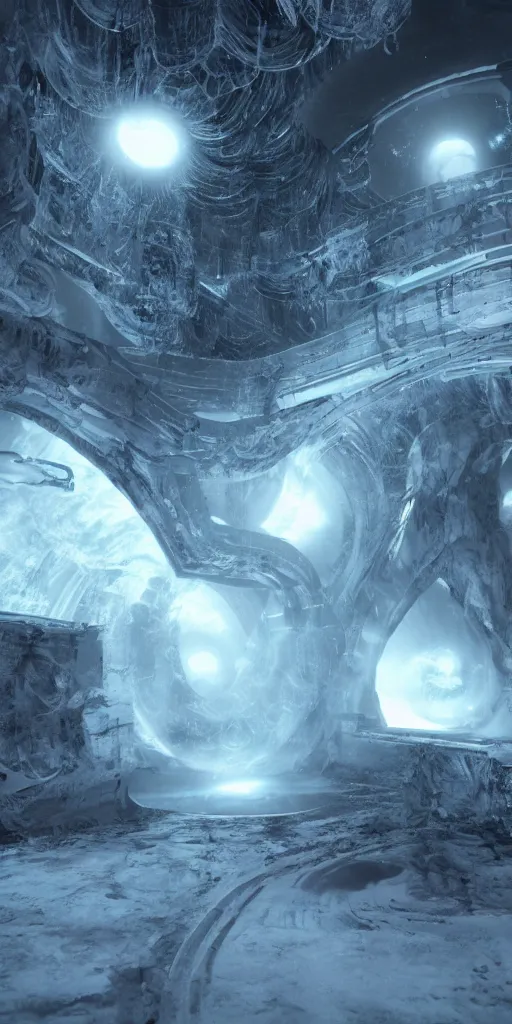 Prompt: interdimensional galaxy portal covered in frost, hugh ferriss, ice gate, volumetric light, volumetric fog, unreal engine, photorealistic, 8 k