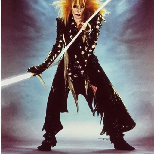 Prompt: David Bowie as the Goblin King from the movie Labyrinth (1986) but he's dressed like a Ninja with a Ninja mask and very big 80's glamrock hair, intricate, highly detailed, fullbody, artstation, concept art, smooth, sharp focus, illustration, art by greg rutkowski and orientalism and bouguereau and Zdzislaw Beksinski, good clear quality, lighting, biology, symmetrical artwork, perfect face, 135 mm, cinematic, hyper realism, high detail, octane render, 8k, chrome accents