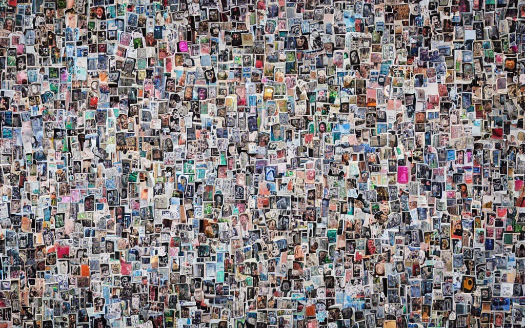 Prompt: photo of a wall covered in hundreds of pictures of a wall with hundreds of pictures of a wall with hundreds of pictures, 8k