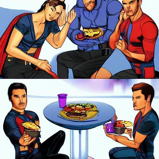 Prompt: The Avengers eating inside of a Taco Bell at midnight, relaxing, dim lighting, relaxed poses, chill, photorealistic