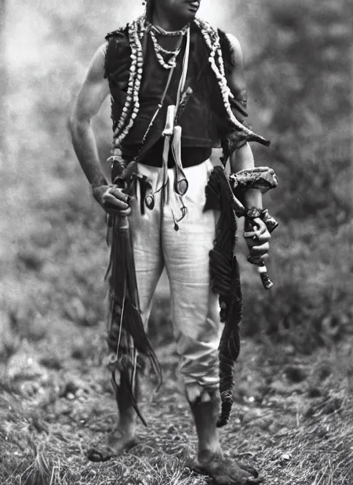 Image similar to a male ranger with a bongo drum and holding nunchaku, wearing a leather vest and white linen pants, chiseled good looks, long swept back blond hair, puka shell necklace, gertrude kasebier