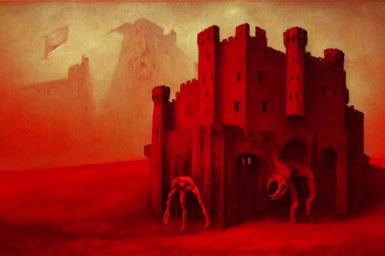 Image similar to only with red, in a red dream world, a crimson tiger, a castle in the background, medieval demons, an ancient path in the style of beksinski, part by hopper, part by rodcenko, part by hofbauer, intricate composition, red by caravaggio, insanely quality, highly detailed, masterpiece, red light, artstation