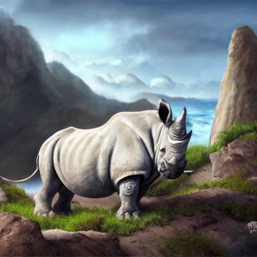 Image similar to digital painting of a fuzzy, white rhinoceros posing triumphantly on a craggy rock promontory at sunrise, highly detailed, painted in the style of sam nielson, world of warcraft art