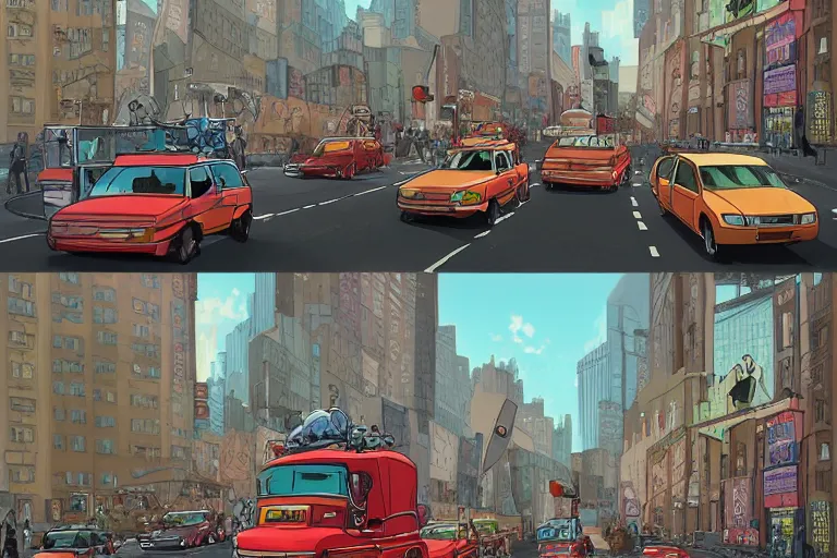 Image similar to catbus stuck in new york traffic jam. 4 k digital paint by studio ghibli hayao miyazaki. very sharp and detailed. trending on artstation and behance.