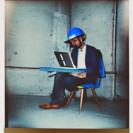 Image similar to a polaroid photo of man using a laptop inside in warehouse, he sitting on chair and small table, he's wearing blue cloth and construction hat, behind him is a very scary monster watching him work, photo from behind, highly details, perfect face shape, cinematic lighting,