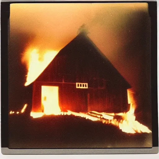 Image similar to a very beautiful old polaroid picture of barn on fire, award winning photography