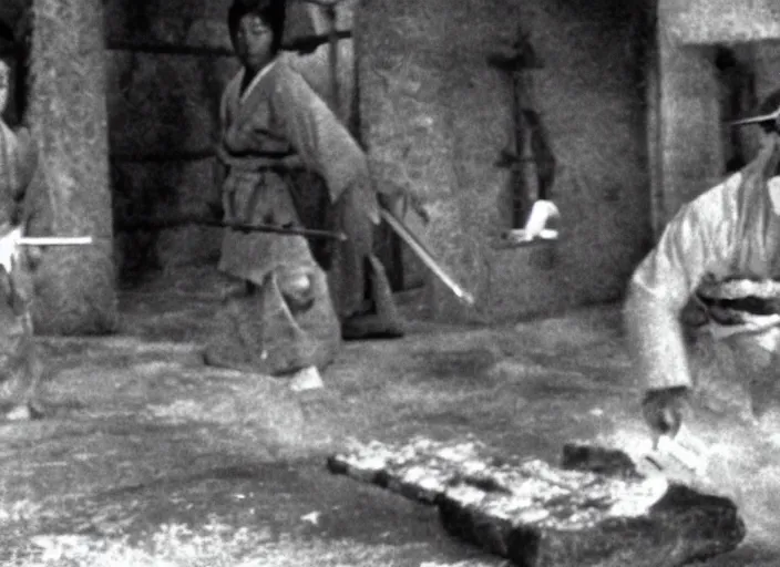 Image similar to a movie still of a samurai slicing through a loaf of bread by Akira Kurosawa