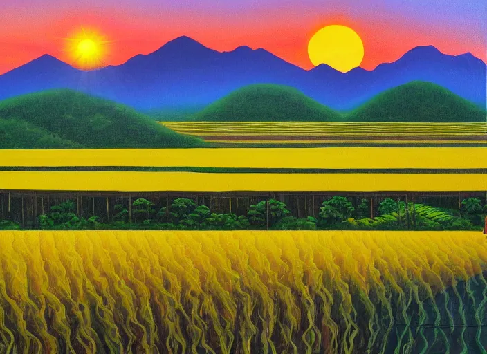 Image similar to painting of a road between rice paddy fields, two big mountains in the background, big yellow sun rising between 2 mountains, oil painting by basuki abdullah