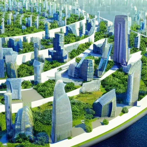 Image similar to scenic view of a futuristic modern utopian eco friendly city