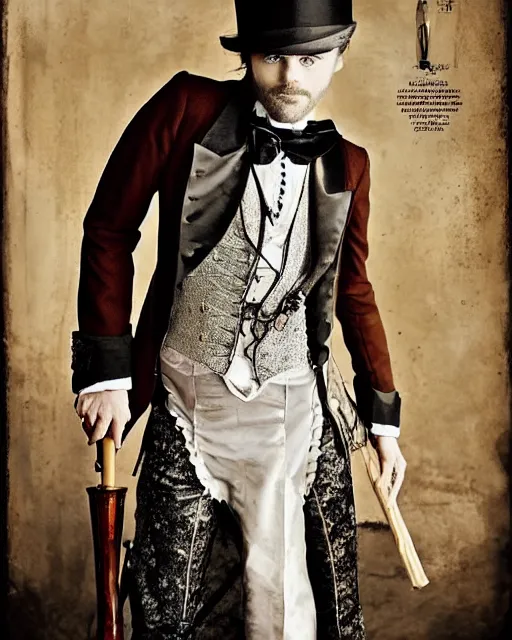 Prompt: Fashion Editorial of actor Jared Leto in an Sandy Powell designed Victorian Era Steampunk dress, wearing a top Hat and holding a Silver Cane, photographed in the Style of Annie Leibovitz