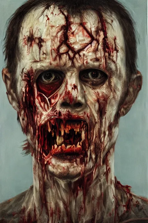 Prompt: portrait of a man half zombie half normal, oil on canvas, horror, cinematic