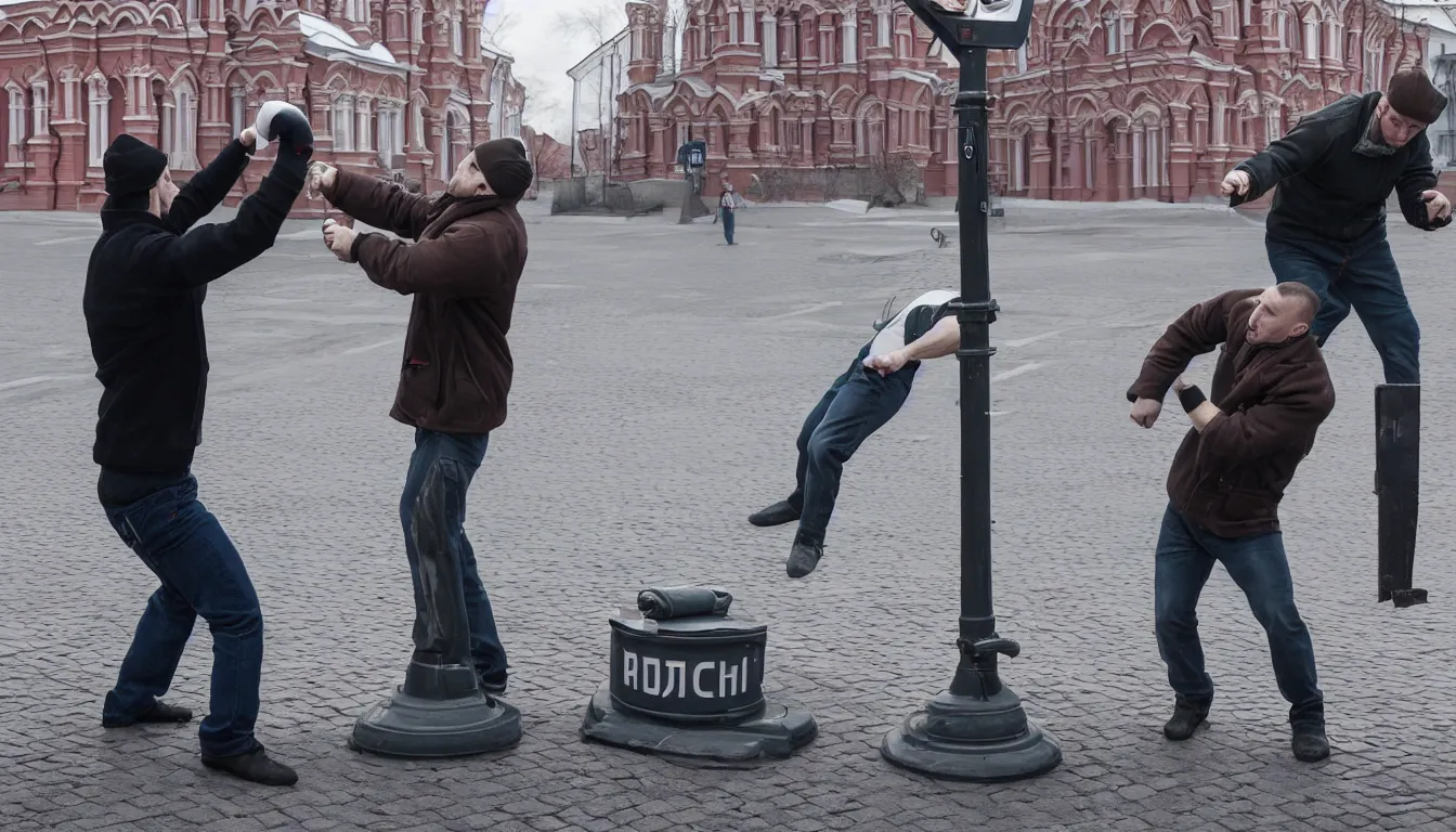 Image similar to picture of russian man punching a street sign, very detailed, 8 k