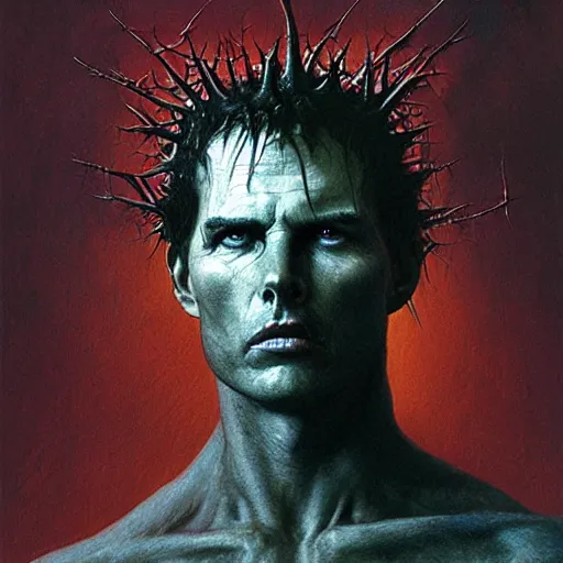 Image similar to portrait of demonic Tom Cruise in hood and crown of thorns, dark fantasy, Warhammer, artstation painted by Zdislav Beksinski and Wayne Barlowe