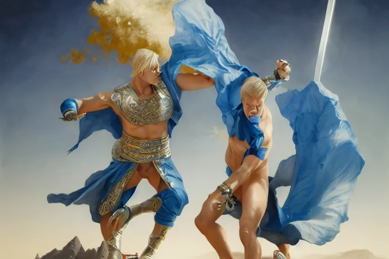 Image similar to a blond man in a blue suit with a sword fighting a bare chested asian gladiator, organic painting, sunny day, matte painting, bold shapes, hard edges, street art, trending on artstation, by huang guangjian, gil elvgren, ruan jia, randy vargas, greg rutkowski