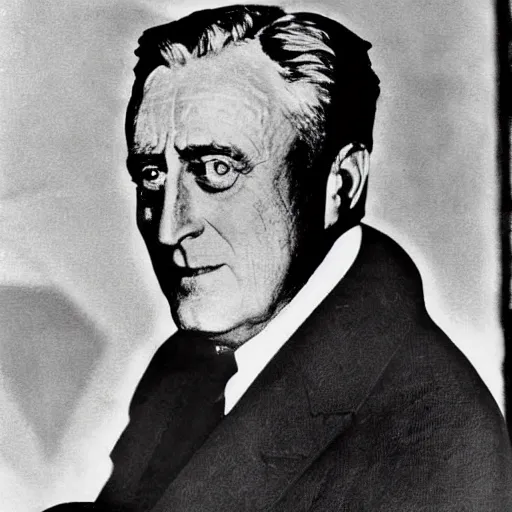 Image similar to Satanic States of America, goth Franklin Roosevelt, alternate history, FDR as a goth, occult symbols, 1941 photograph