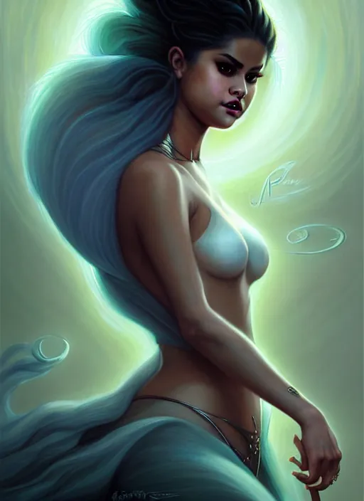 Prompt: fineart portrait illustration of selena gomez as a sorceress by peter mohrbacher, hyper detailed, crisp