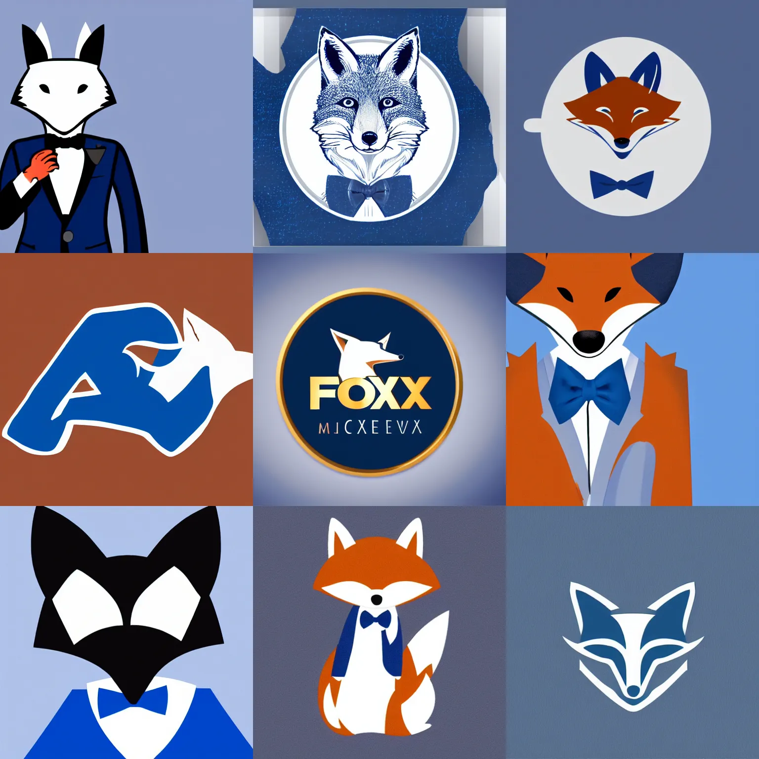 Prompt: simplistic logo fox wearing a blue tuxedo, hd, white background