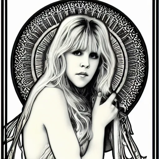 Prompt: beautiful lifelike award winning pencil illustration of stevie nicks trending on art station alphonse mucha cinematic atmospheric