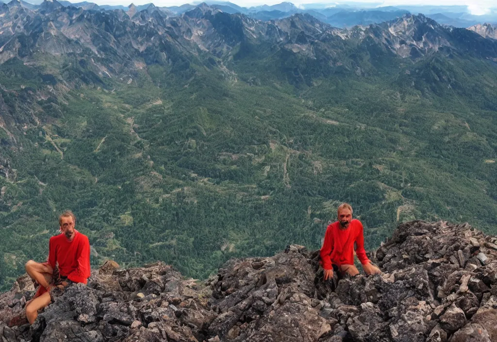 Prompt: psychedelic man on top of a mountain