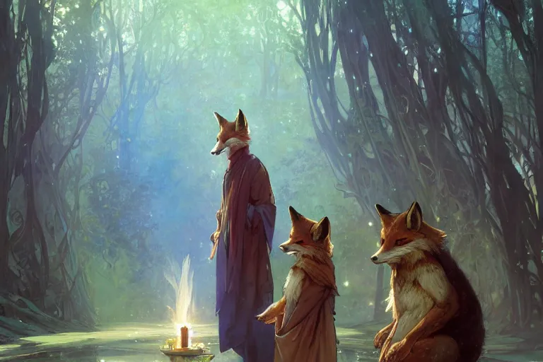 Image similar to an anthropomorphic fox wizard wearing long flowing robes teaches his apprentice a new magical spell in front of a magical gateway to another universe, illustration by greg rutkowski, thomas kindkade, alphonse mucha, loish, norman rockwell, artstation, furaffinity