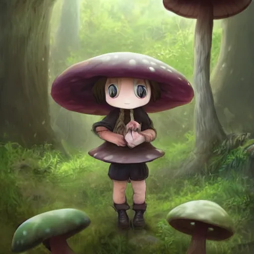 Prompt: cute little girl with a mushroom hat in dark forest, cute artwork, clean detailed, inspired in made in abyss