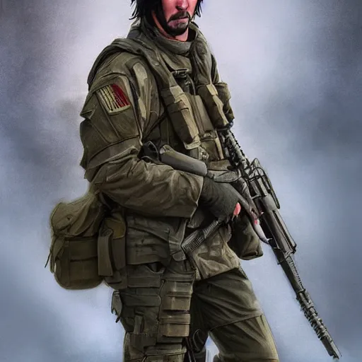 Image similar to keanu reeves as a soldier , digital art , trending on artstation , Matte painting ,Hyperdetailed , CGSociety