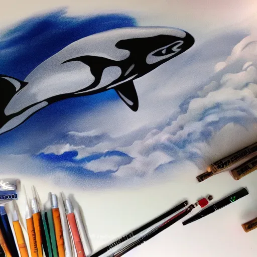 Image similar to a storm, shaped like an orca, on a stormy night, airbrush painting