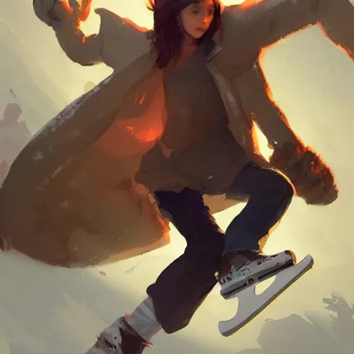 Image similar to skating down a hill on fire, trending on artstation, concept art, by Greg Rutkowski and Krenz Cushart and Pan_Ren_Wei and Hongkun_st and Bo Chen and Enze Fu and WLOP and Alex Chow, golden ratio,