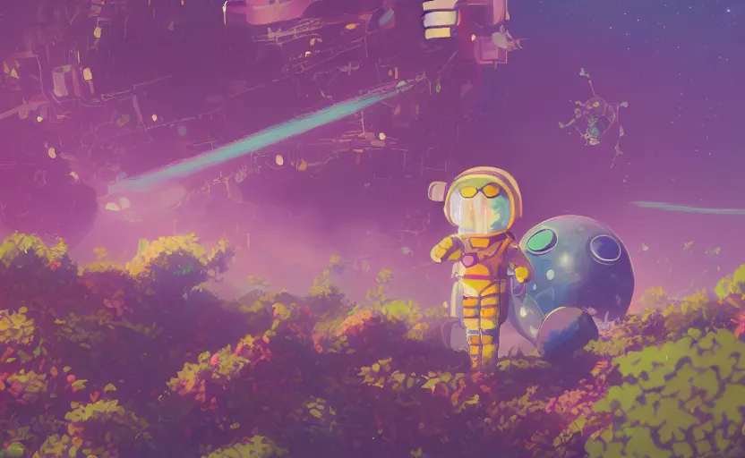 Prompt: a beautiful 8 bit painting of a cute adorable kawaii futuristic vr plastic android astronaut sitting on a lush planet of foliage, the destroyed wreckage of a crashed spaceship, steam, thick colorful smoke, ross tran, ron walotsky, greg rutkowski, trending on artstation